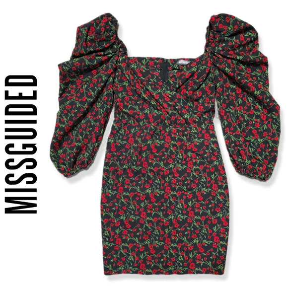MISSGUIDED Red Black Poppy Floral Printed Mini Coquette Dress, Gigot Sleeves, 2 - Picture 1 of 15